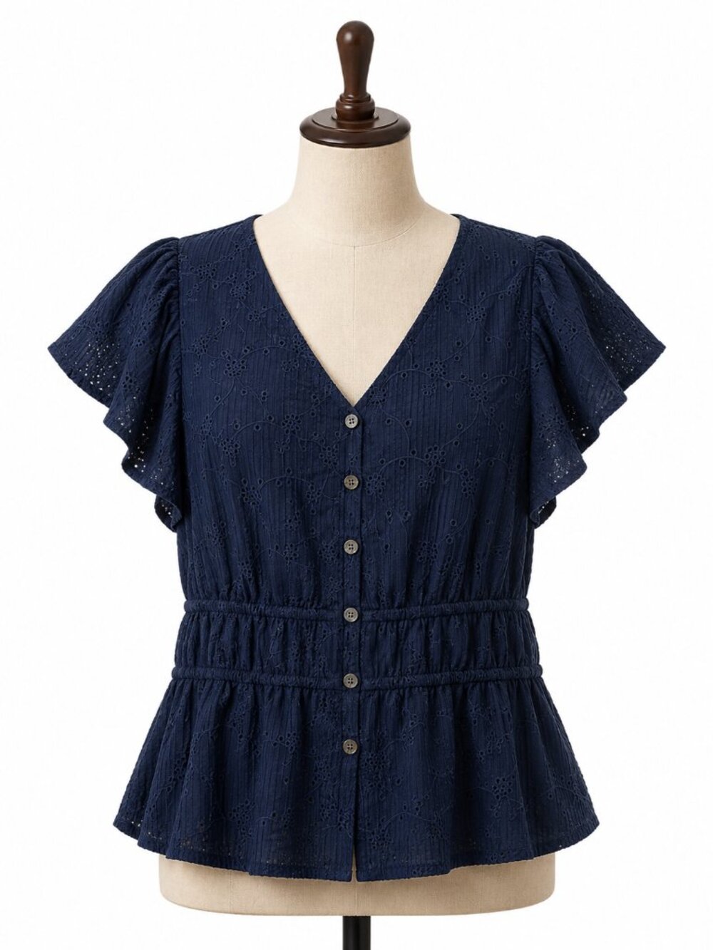 Navy Eyelet Peplum Blouse Flutter Sleeve Size M(8/10) - Picture 2 of 6